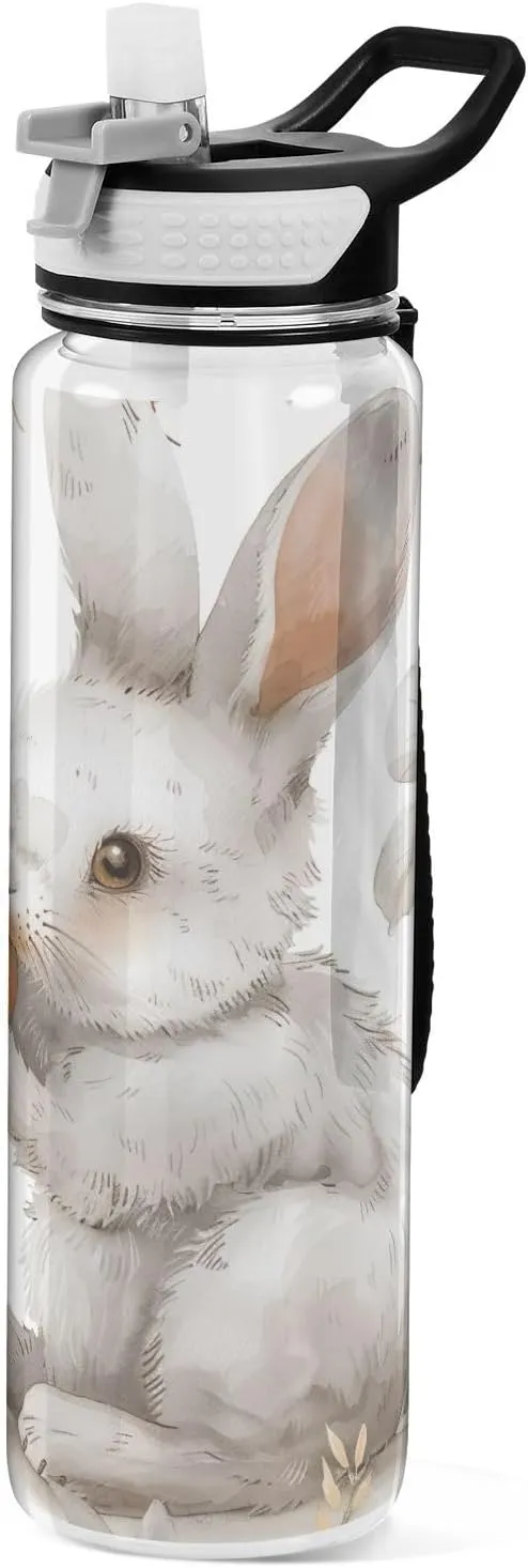Kigai Transparent Sports Water Bottle 32oz, Rabbit with Carrots Leakproof Wide Mouth Water Bottle with Straw, BPA Free Water Jug with Detachable Strap & Handle for Fitness Gym Outdoor