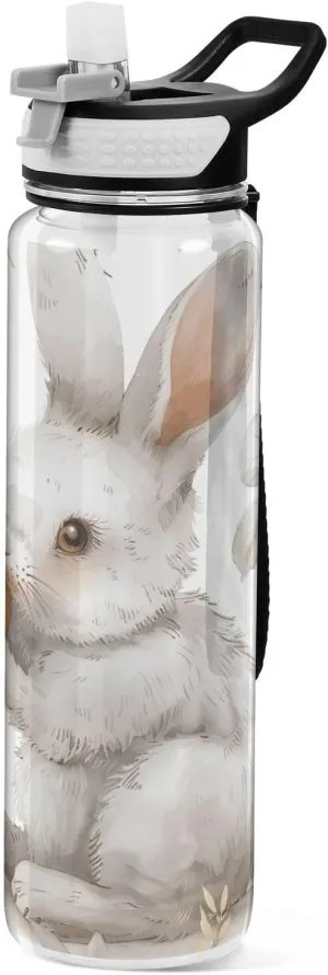 Kigai Transparent Sports Water Bottle 32oz, Rabbit with Carrots Leakproof Wide Mouth Water Bottle with Straw, BPA Free Water Jug with Detachable Strap & Handle for Fitness Gym Outdoor