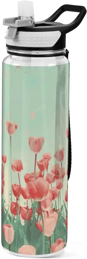 Kigai Transparent Sports Water Bottle 32oz, Red Flowers Leakproof Wide Mouth Water Bottle with Straw, BPA Free Water Jug with Detachable Strap & Handle for Fitness Gym Outdoor