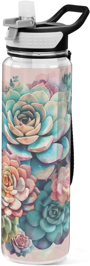 Kigai Transparent Sports Water Bottle 32oz, Retro Succulents Leakproof Wide Mouth Water Bottle with Straw, BPA Free Water Jug with Detachable Strap & Handle for Fitness Gym Outdoor