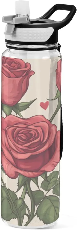 Kigai Transparent Sports Water Bottle 32oz, Roses Leakproof Wide Mouth Water Bottle with Straw, BPA Free Water Jug with Detachable Strap & Handle for Fitness Gym Outdoor