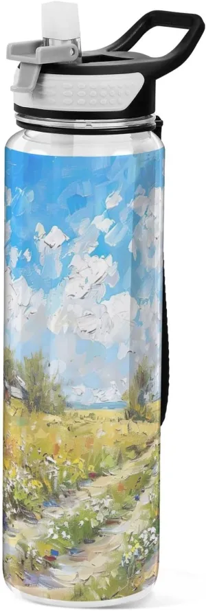 Kigai Transparent Sports Water Bottle 32oz, Rustic Style Painting Leakproof Wide Mouth Water Bottle with Straw, BPA Free Water Jug with Detachable Strap & Handle for Fitness Gym Outdoor