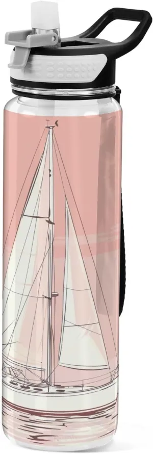 Kigai Transparent Sports Water Bottle 32oz, Sailboat Leakproof Wide Mouth Water Bottle with Straw, BPA Free Water Jug with Detachable Strap & Handle for Fitness Gym Outdoor