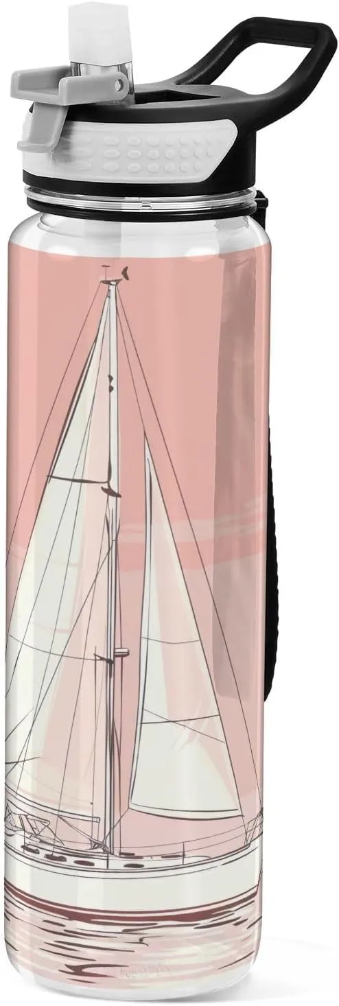 Kigai Transparent Sports Water Bottle 32oz, Sailboat Leakproof Wide Mouth Water Bottle with Straw, BPA Free Water Jug with Detachable Strap & Handle for Fitness Gym Outdoor