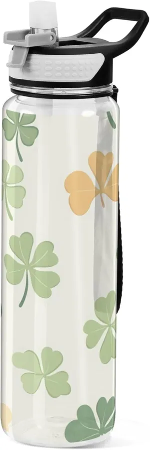 Kigai Transparent Sports Water Bottle 32oz, Shamrock Leakproof Wide Mouth Water Bottle with Straw, BPA Free Water Jug with Detachable Strap & Handle for Fitness Gym Outdoor