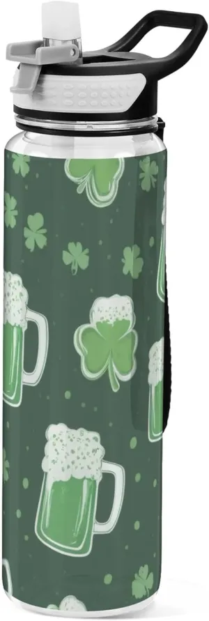 Kigai Transparent Sports Water Bottle 32oz, St. Patrick Beer Leakproof Wide Mouth Water Bottle with Straw, BPA Free Water Jug with Detachable Strap & Handle for Fitness Gym Outdoor