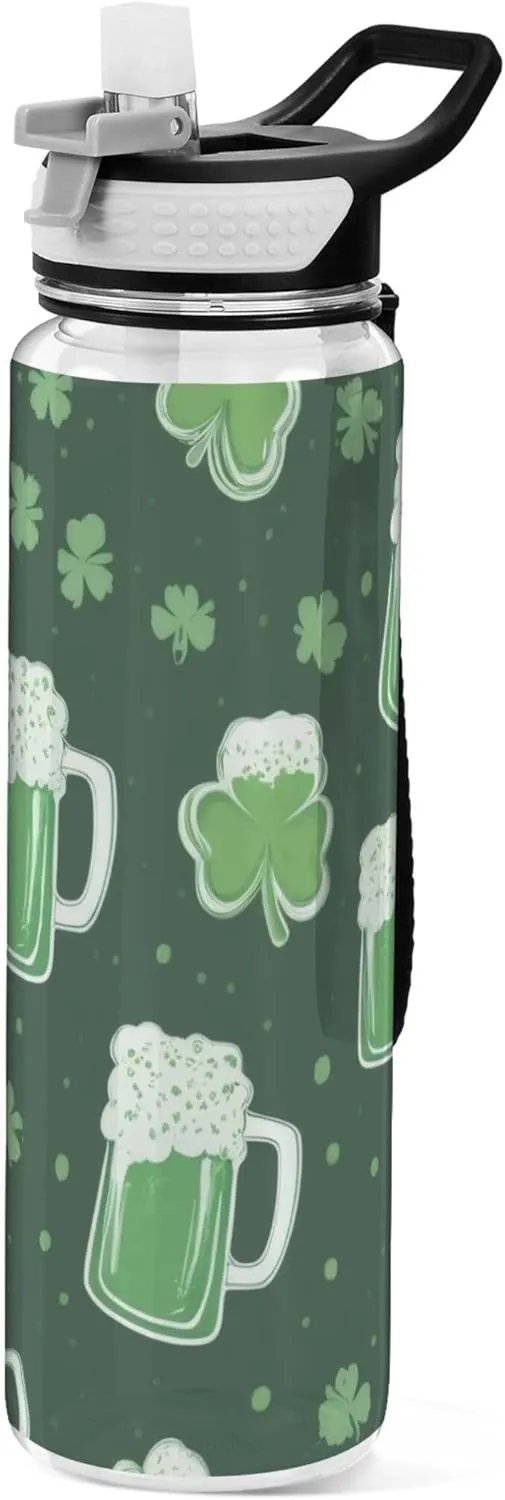 Kigai Transparent Sports Water Bottle 32oz, St. Patrick Beer Leakproof Wide Mouth Water Bottle with Straw, BPA Free Water Jug with Detachable Strap & Handle for Fitness Gym Outdoor