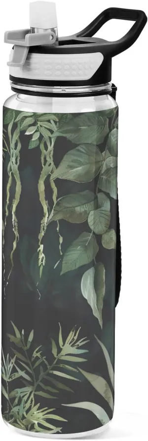 Kigai Transparent Sports Water Bottle 32oz, Tropical Plant Leakproof Wide Mouth Water Bottle with Straw, BPA Free Water Jug with Detachable Strap & Handle for Fitness Gym Outdoor