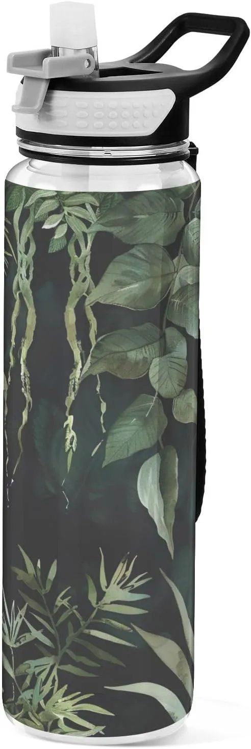 Kigai Transparent Sports Water Bottle 32oz, Tropical Plant Leakproof Wide Mouth Water Bottle with Straw, BPA Free Water Jug with Detachable Strap & Handle for Fitness Gym Outdoor