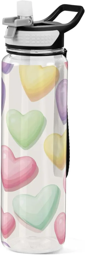 Kigai Transparent Sports Water Bottle 32oz, Valentine Candy Hearts Leakproof Wide Mouth Water Bottle with Straw, BPA Free Water Jug with Detachable Strap & Handle for Fitness Gym Outdoor