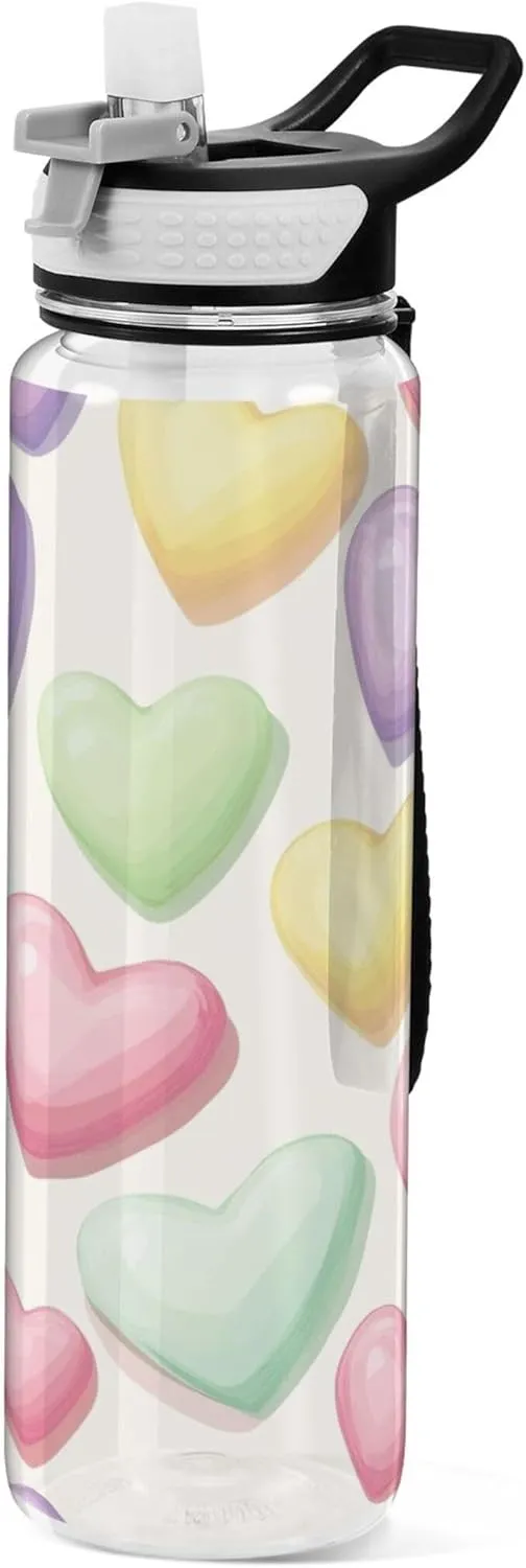 Kigai Transparent Sports Water Bottle 32oz, Valentine Candy Hearts Leakproof Wide Mouth Water Bottle with Straw, BPA Free Water Jug with Detachable Strap & Handle for Fitness Gym Outdoor