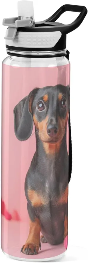 Kigai Transparent Sports Water Bottle 32oz, Valentine Dog Leakproof Wide Mouth Water Bottle with Straw, BPA Free Water Jug with Detachable Strap & Handle for Fitness Gym Outdoor