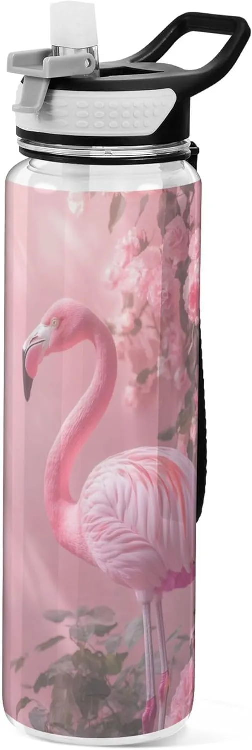 Kigai Transparent Sports Water Bottle 32oz, Valentine Flamingo Roses Leakproof Wide Mouth Water Bottle with Straw, BPA Free Water Jug with Detachable Strap & Handle for Fitness Gym Outdoor