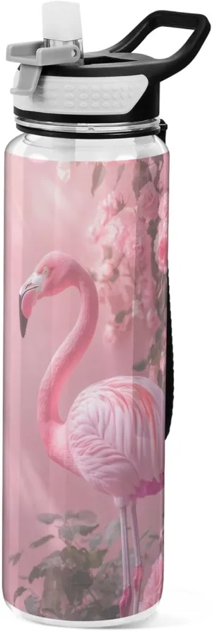 Kigai Transparent Sports Water Bottle 32oz, Valentine Flamingo Roses Leakproof Wide Mouth Water Bottle with Straw, BPA Free Water Jug with Detachable Strap & Handle for Fitness Gym Outdoor