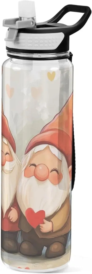 Kigai Transparent Sports Water Bottle 32oz, Valentine Gnome Leakproof Wide Mouth Water Bottle with Straw, BPA Free Water Jug with Detachable Strap & Handle for Fitness Gym Outdoor