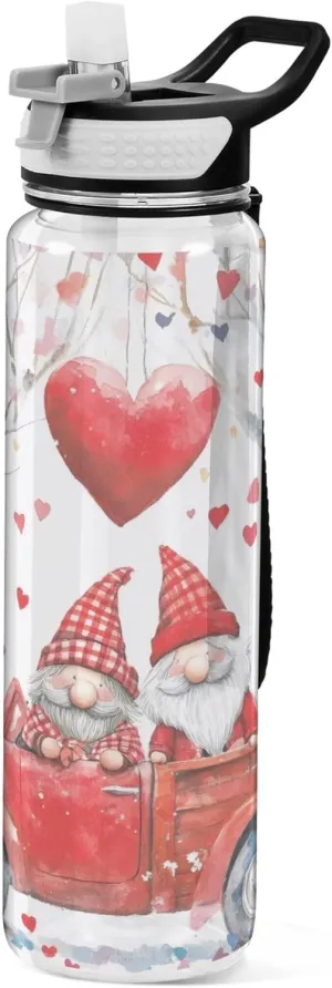 Kigai Transparent Sports Water Bottle 32oz, Valentine Gnome Lover in Truck Leakproof Wide Mouth Water Bottle with Straw, BPA Free Water Jug with Detachable Strap & Handle for Fitness Gym Outdoor