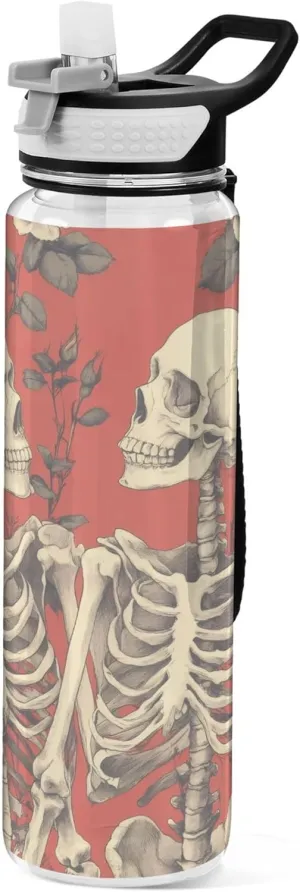 Kigai Transparent Sports Water Bottle 32oz, Valentine Skeleton Roses Leakproof Wide Mouth Water Bottle with Straw, BPA Free Water Jug with Detachable Strap & Handle for Fitness Gym Outdoor