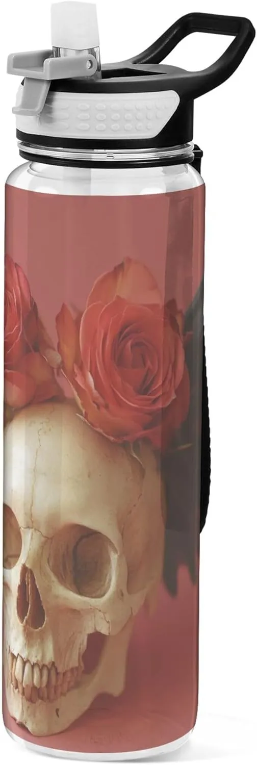 Kigai Transparent Sports Water Bottle 32oz, Valentine Skull Rose Leakproof Wide Mouth Water Bottle with Straw, BPA Free Water Jug with Detachable Strap & Handle for Fitness Gym Outdoor