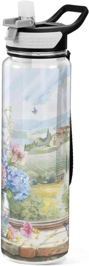 Kigai Transparent Sports Water Bottle 32oz, Villa Garden Leakproof Wide Mouth Water Bottle with Straw, BPA Free Water Jug with Detachable Strap & Handle for Fitness Gym Outdoor