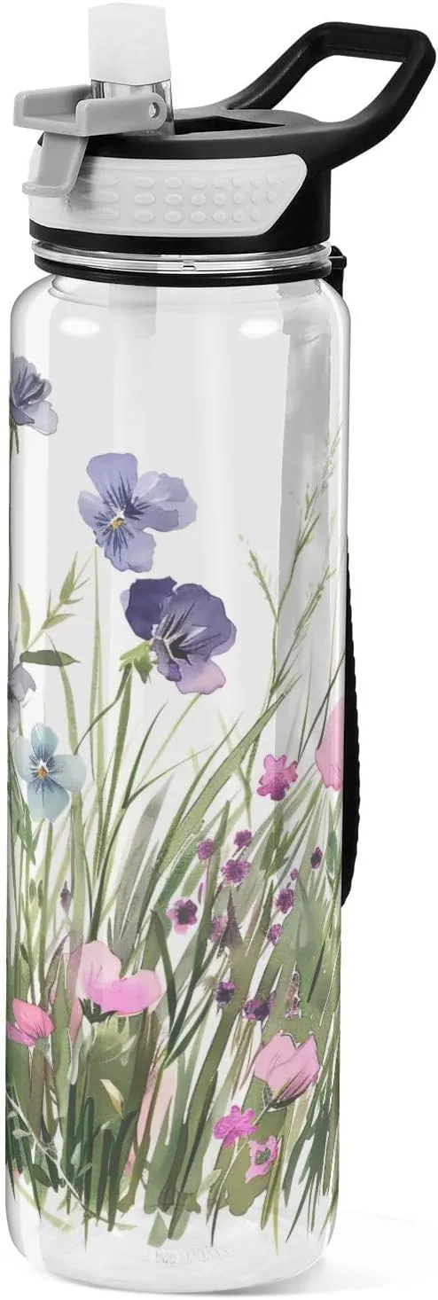 Kigai Transparent Sports Water Bottle 32oz, Violet Flowers Leakproof Wide Mouth Water Bottle with Straw, BPA Free Water Jug with Detachable Strap & Handle for Fitness Gym Outdoor