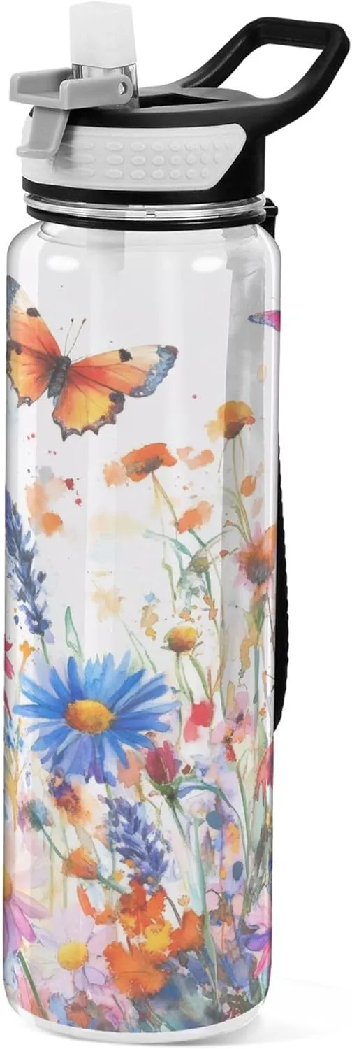 Kigai Transparent Sports Water Bottle 32oz, Wildflowers Butterflies Leakproof Wide Mouth Water Bottle with Straw, BPA Free Water Jug with Detachable Strap & Handle for Fitness Gym Outdoor