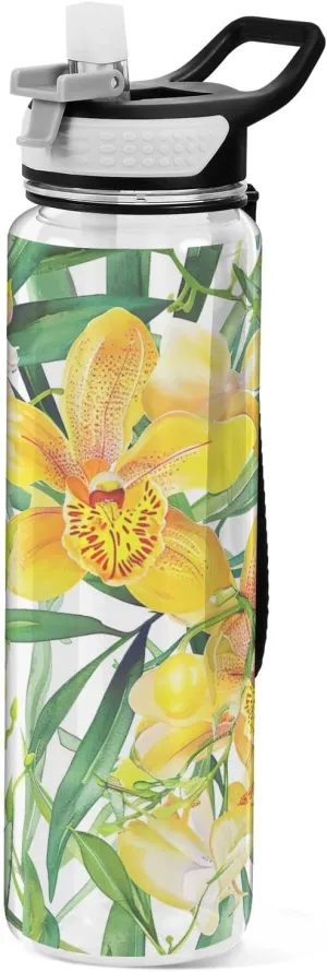 Kigai Transparent Sports Water Bottle 32oz, Yellow Orchids Leakproof Wide Mouth Water Bottle with Straw, BPA Free Water Jug with Detachable Strap & Handle for Fitness Gym Outdoor