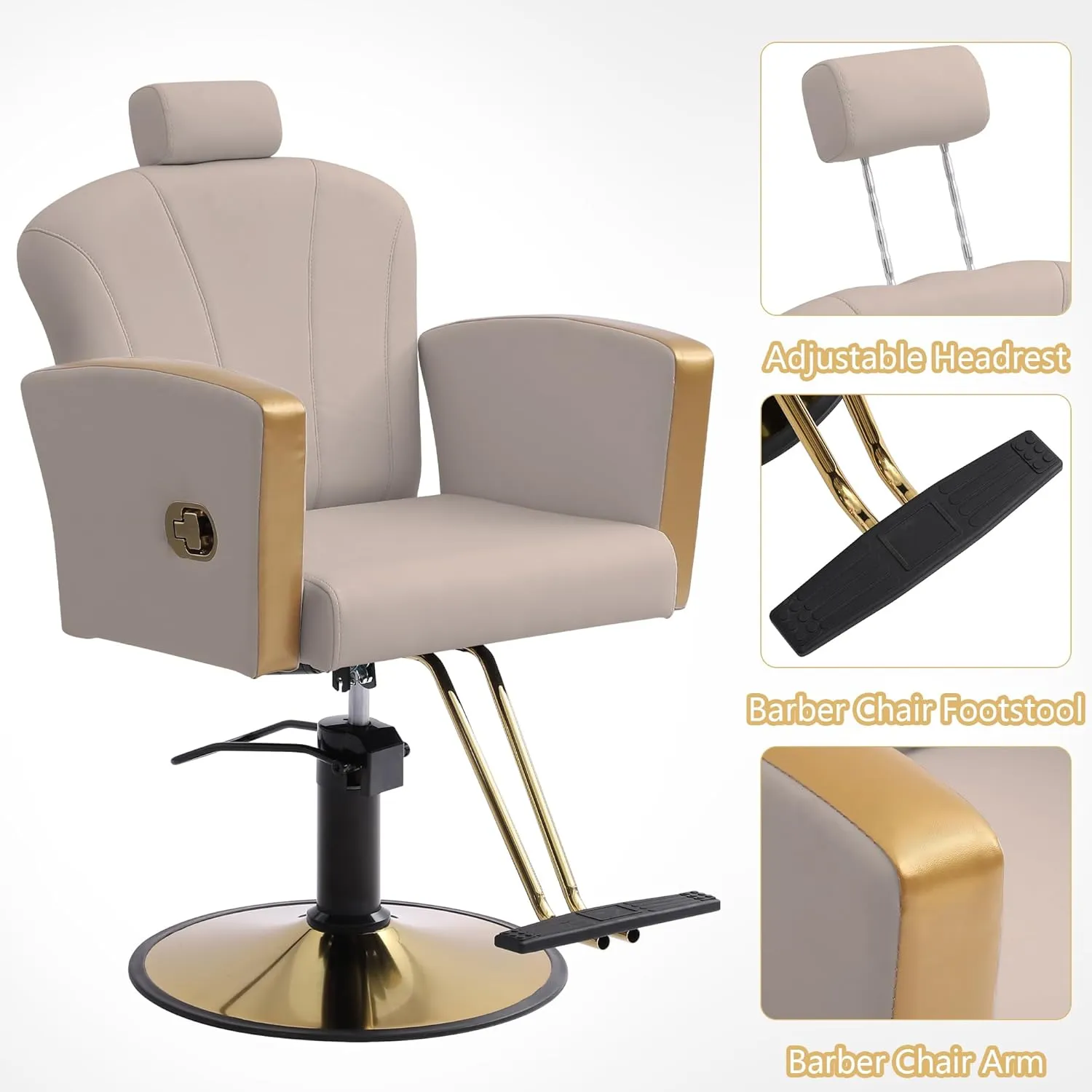 KIGOTY Barber Chair,Salon Chair for Hair Stylist, Reclining Salon Chair with Hydraulic Pump,360 Degree Swivel Hair Stylist Chairs with Footrest and Adjustable Headrest for Barbershop (Grey-Gold)