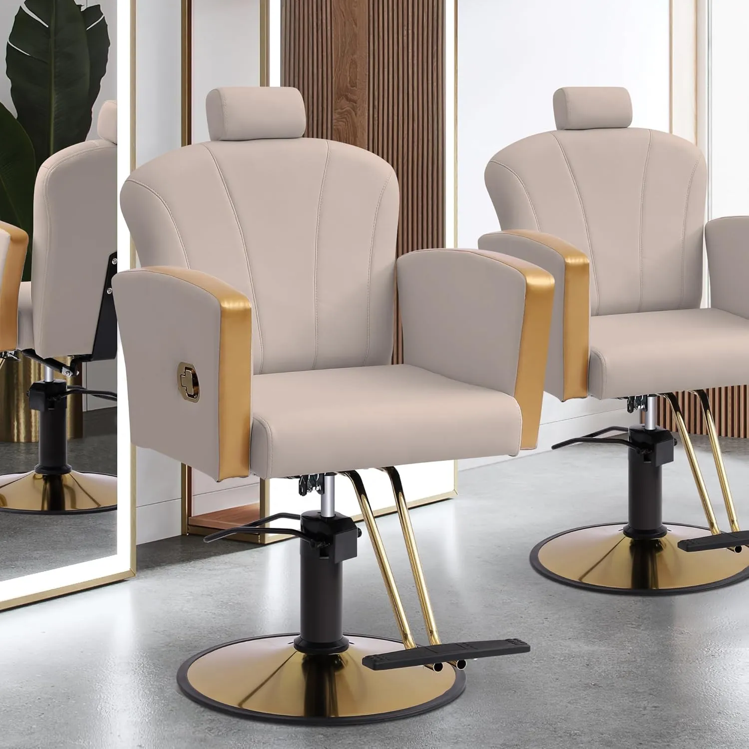 KIGOTY Barber Chair,Salon Chair for Hair Stylist, Reclining Salon Chair with Hydraulic Pump,360 Degree Swivel Hair Stylist Chairs with Footrest and Adjustable Headrest for Barbershop (Grey-Gold)