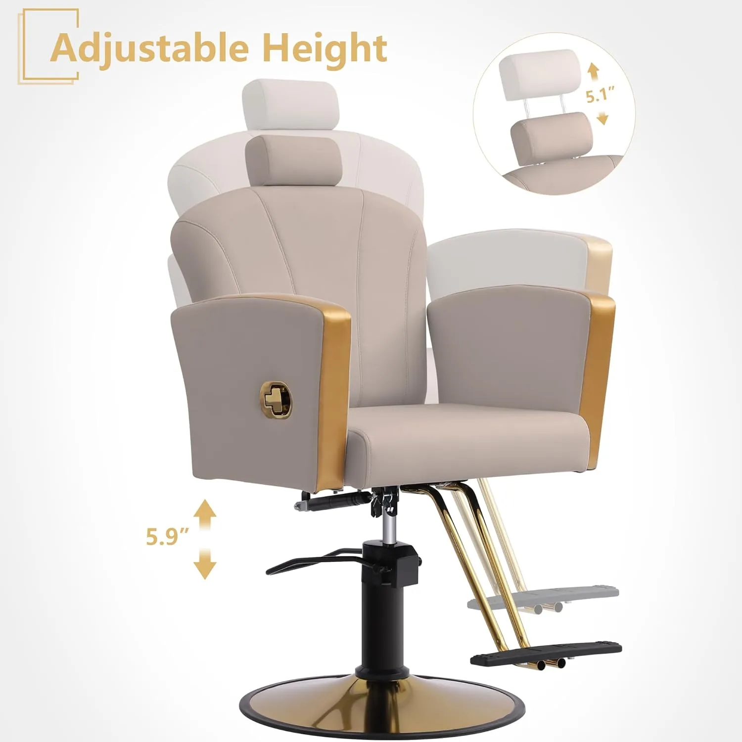 KIGOTY Barber Chair,Salon Chair for Hair Stylist, Reclining Salon Chair with Hydraulic Pump,360 Degree Swivel Hair Stylist Chairs with Footrest and Adjustable Headrest for Barbershop (Grey-Gold)