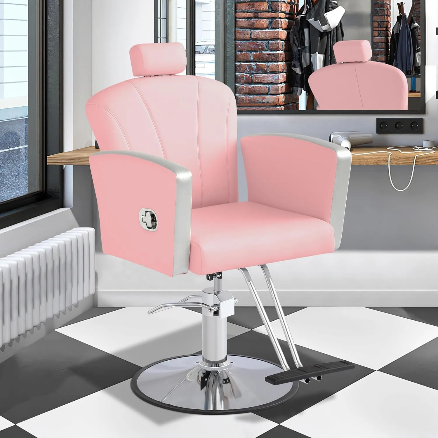 KIGOTY Barber Chair,Salon Chair for Hair Stylist, Reclining Salon Chair with Hydraulic Pump,360 Degree Swivel Hair Stylist Chairs with Footrest and Adjustable Headrest for Barbershop (Pink)