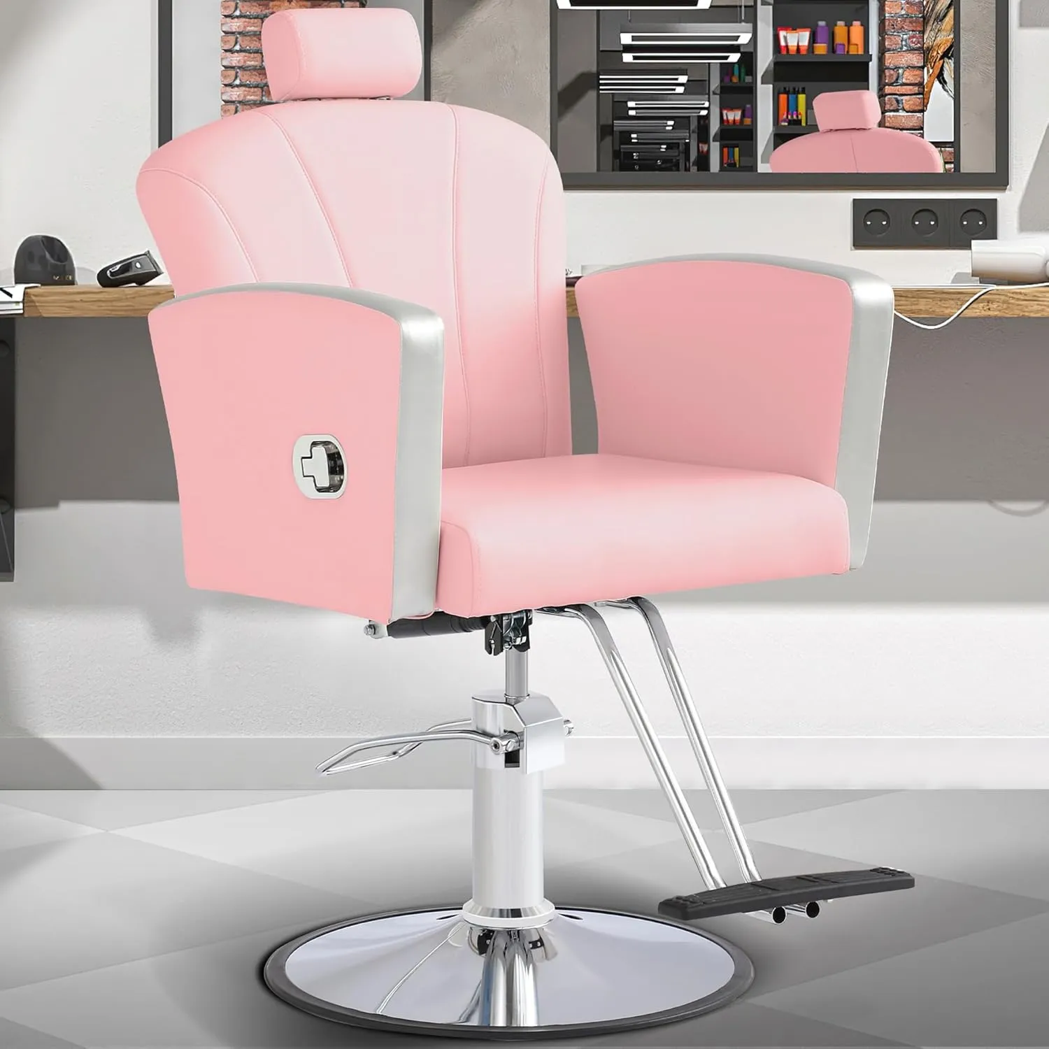 KIGOTY Barber Chair,Salon Chair for Hair Stylist, Reclining Salon Chair with Hydraulic Pump,360 Degree Swivel Hair Stylist Chairs with Footrest and Adjustable Headrest for Barbershop (Pink)