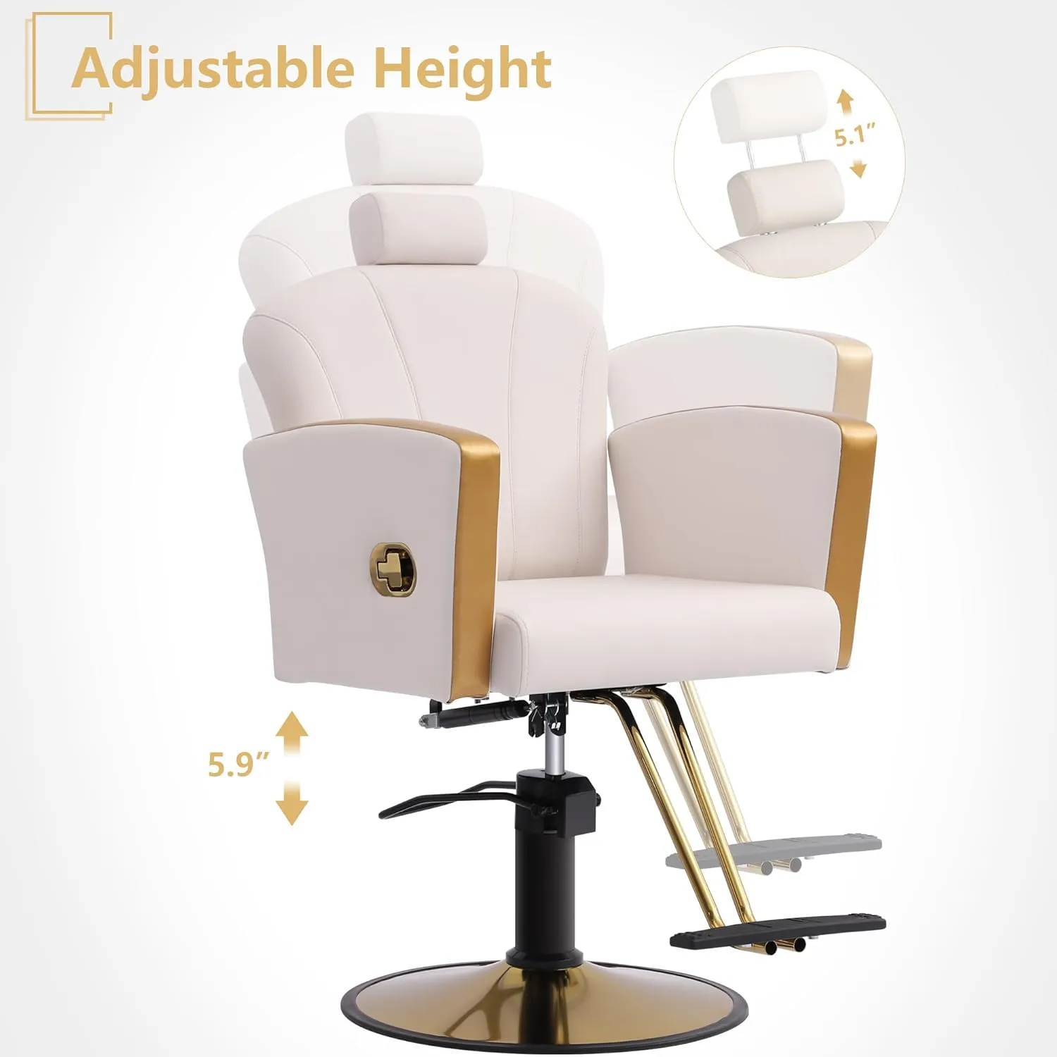 KIGOTY Barber Chair,Salon Chair for Hair Stylist, Reclining Salon Chair with Hydraulic Pump,360 Degree Swivel Hair Stylist Chairs with Footrest and Adjustable Headrest for Barbershop (White-Gold)