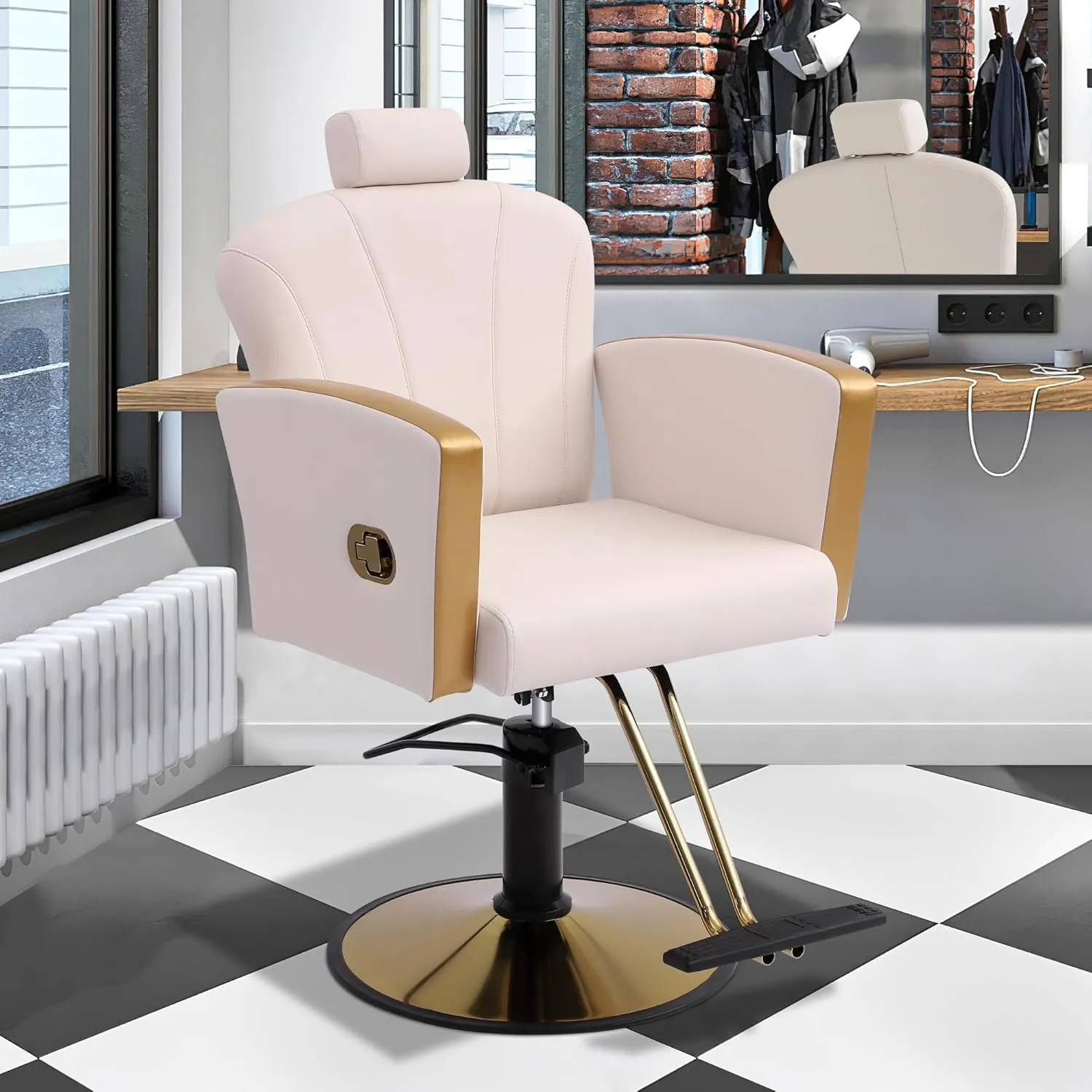 KIGOTY Barber Chair,Salon Chair for Hair Stylist, Reclining Salon Chair with Hydraulic Pump,360 Degree Swivel Hair Stylist Chairs with Footrest and Adjustable Headrest for Barbershop (White-Gold)
