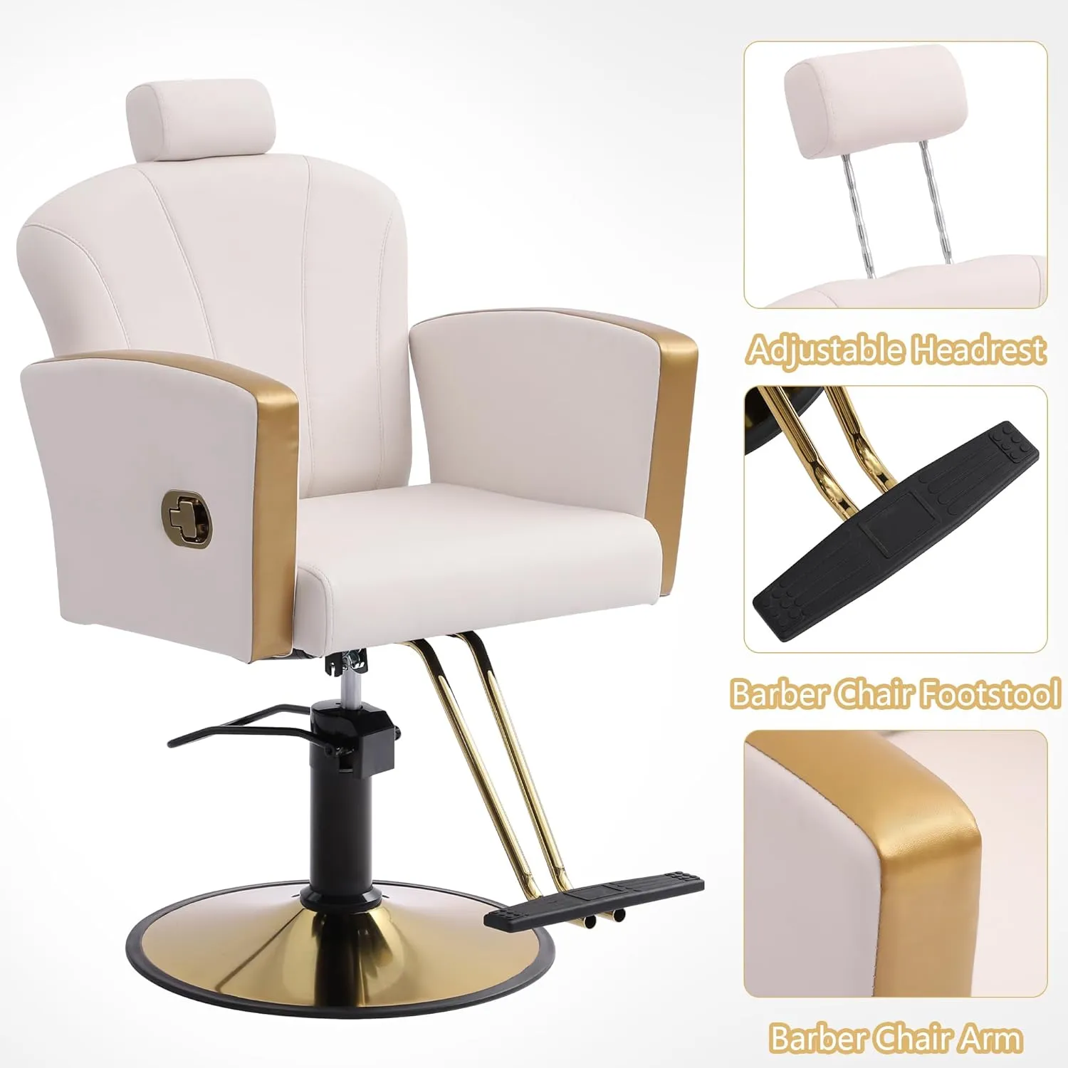 KIGOTY Barber Chair,Salon Chair for Hair Stylist, Reclining Salon Chair with Hydraulic Pump,360 Degree Swivel Hair Stylist Chairs with Footrest and Adjustable Headrest for Barbershop (White-Gold)