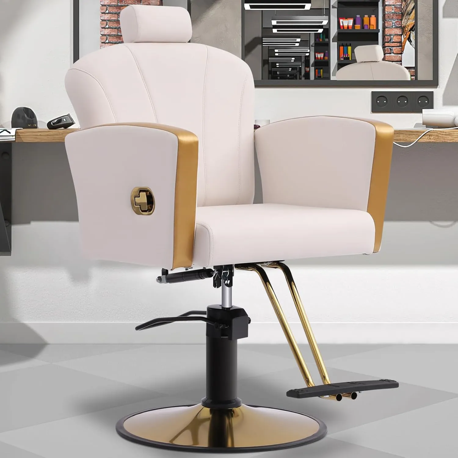 KIGOTY Barber Chair,Salon Chair for Hair Stylist, Reclining Salon Chair with Hydraulic Pump,360 Degree Swivel Hair Stylist Chairs with Footrest and Adjustable Headrest for Barbershop (White-Gold)