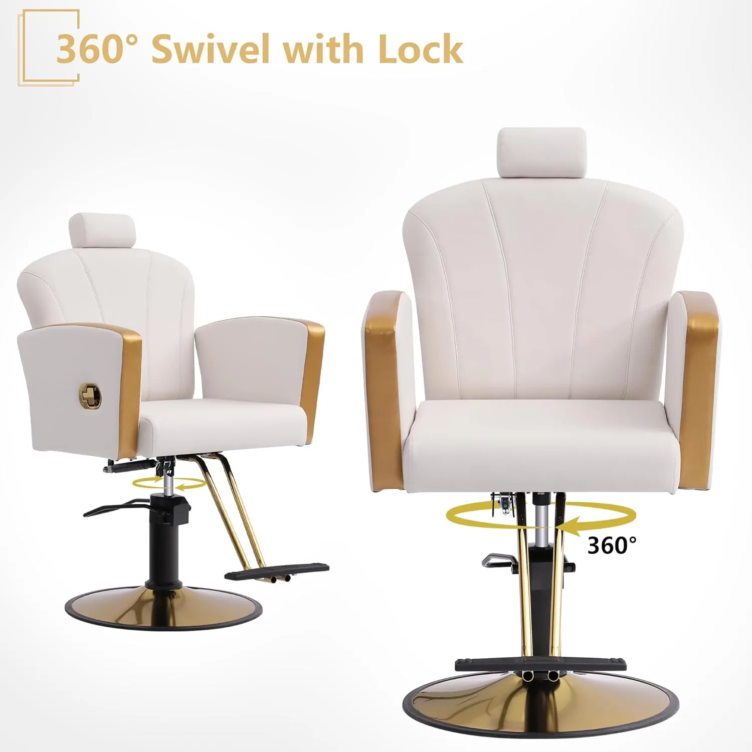 KIGOTY Barber Chair,Salon Chair for Hair Stylist, Reclining Salon Chair with Hydraulic Pump,360 Degree Swivel Hair Stylist Chairs with Footrest and Adjustable Headrest for Barbershop (White-Gold)
