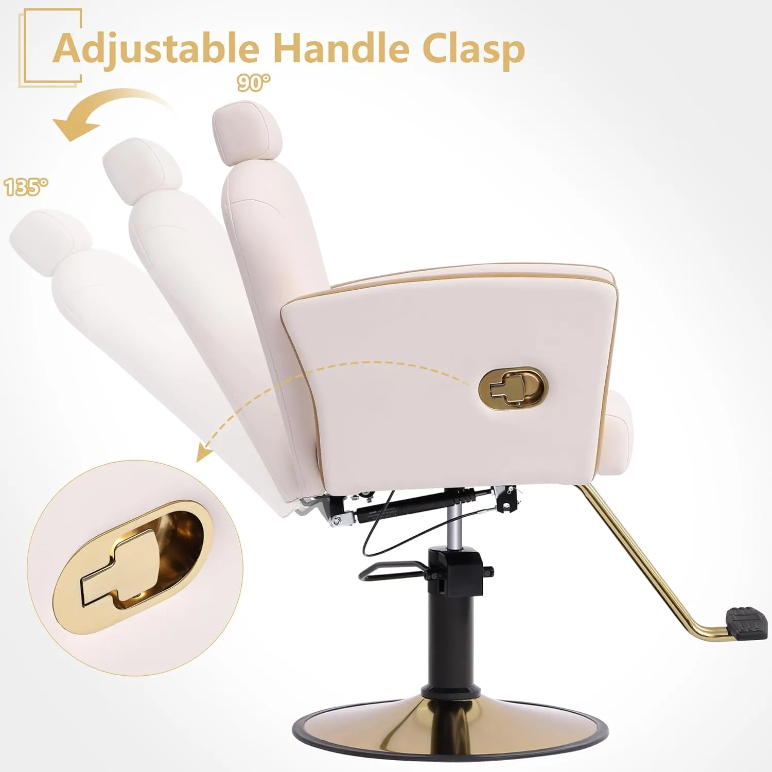 KIGOTY Barber Chair,Salon Chair for Hair Stylist, Reclining Salon Chair with Hydraulic Pump,360 Degree Swivel Hair Stylist Chairs with Footrest and Adjustable Headrest for Barbershop (White-Gold)