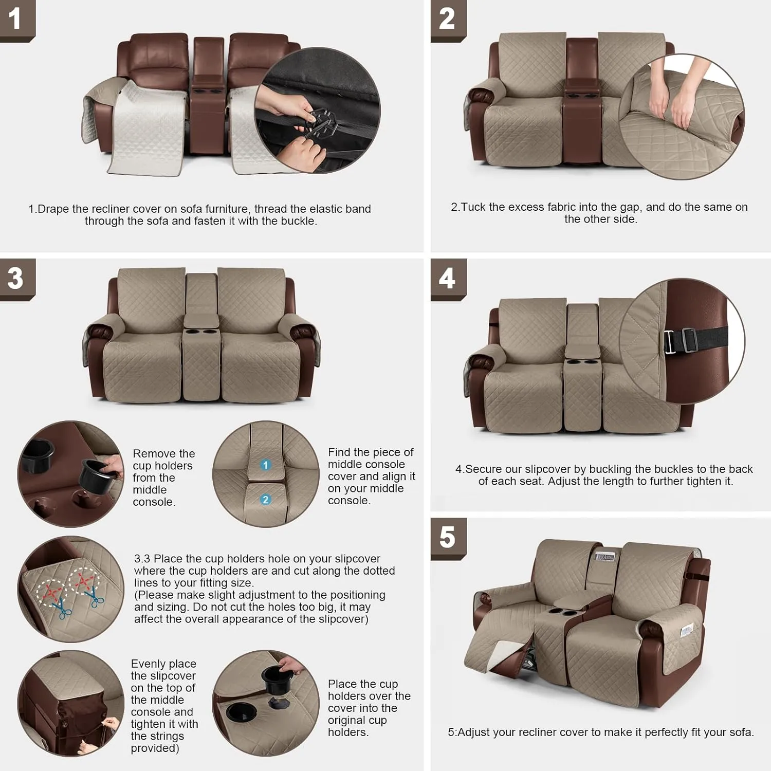 KinCam 100% Waterproof Loveseat Recliner Cover with Console, Non-Slip Reclining Couch Covers for 2 Seat, Recliner Couch Cover Furniture Protector with Elastic Straps for Kids, Pets, Taupe