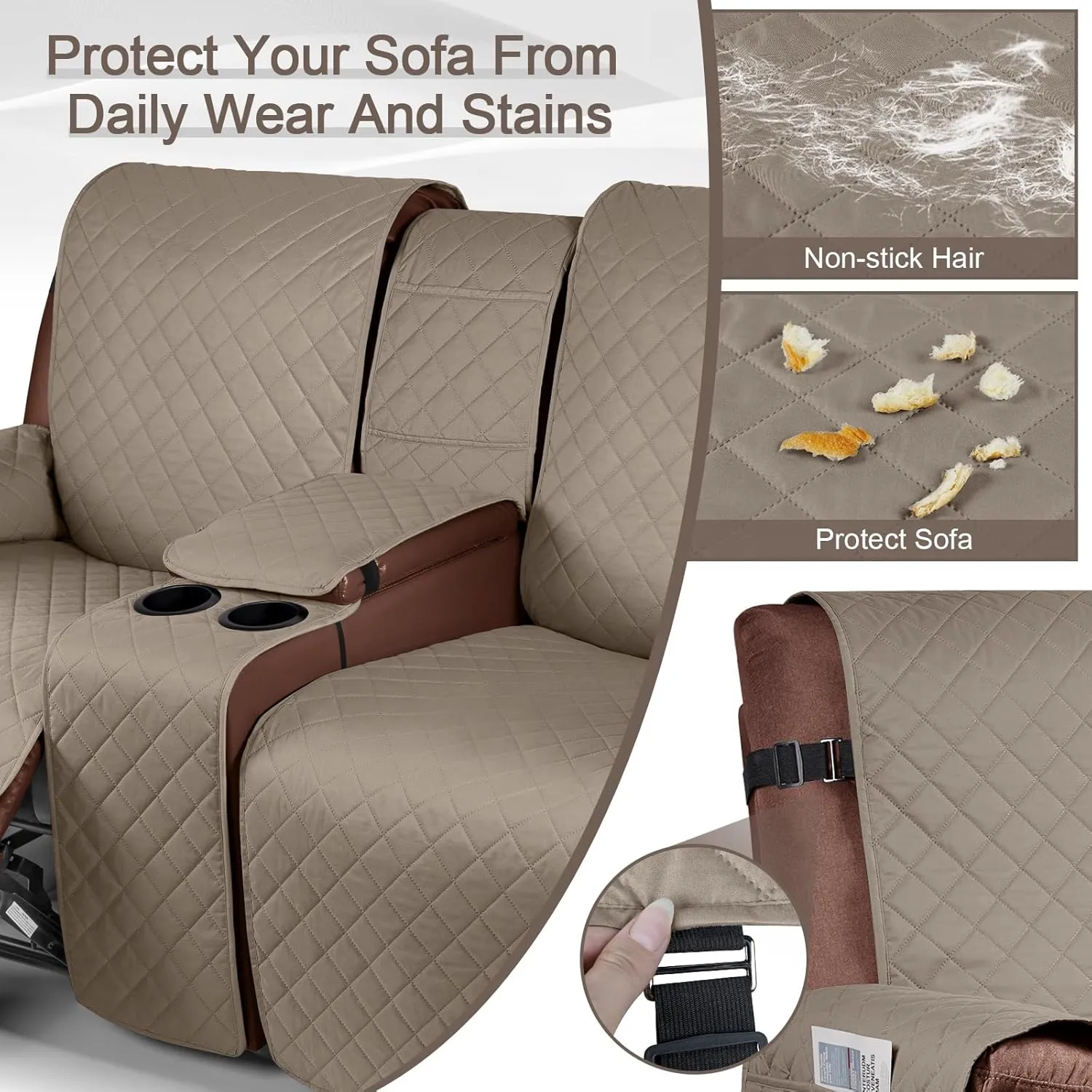 KinCam 100% Waterproof Loveseat Recliner Cover with Console, Non-Slip Reclining Couch Covers for 2 Seat, Recliner Couch Cover Furniture Protector with Elastic Straps for Kids, Pets, Taupe