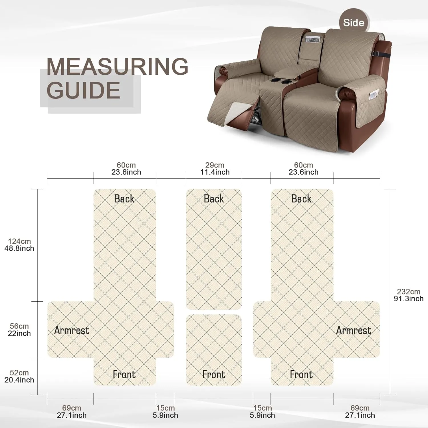 KinCam 100% Waterproof Loveseat Recliner Cover with Console, Non-Slip Reclining Couch Covers for 2 Seat, Recliner Couch Cover Furniture Protector with Elastic Straps for Kids, Pets, Taupe