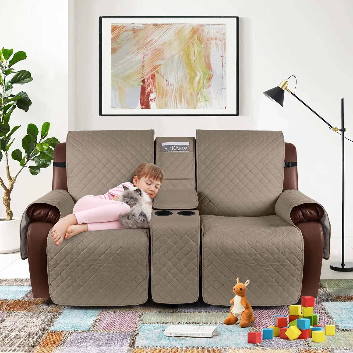 KinCam 100% Waterproof Loveseat Recliner Cover with Console, Non-Slip Reclining Couch Covers for 2 Seat, Recliner Couch Cover Furniture Protector with Elastic Straps for Kids, Pets, Taupe