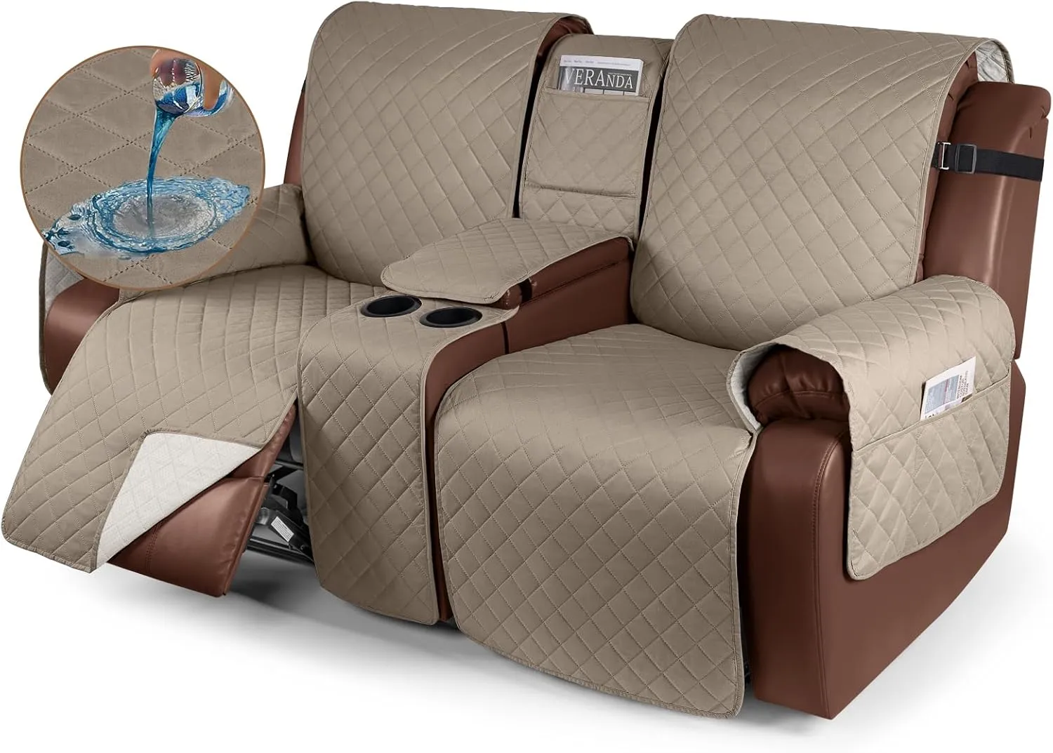 KinCam 100% Waterproof Loveseat Recliner Cover with Console, Non-Slip Reclining Couch Covers for 2 Seat, Recliner Couch Cover Furniture Protector with Elastic Straps for Kids, Pets, Taupe