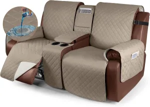 KinCam 100% Waterproof Loveseat Recliner Cover with Console, Non-Slip Reclining Couch Covers for 2 Seat, Recliner Couch Cover Furniture Protector with Elastic Straps for Kids, Pets, Taupe