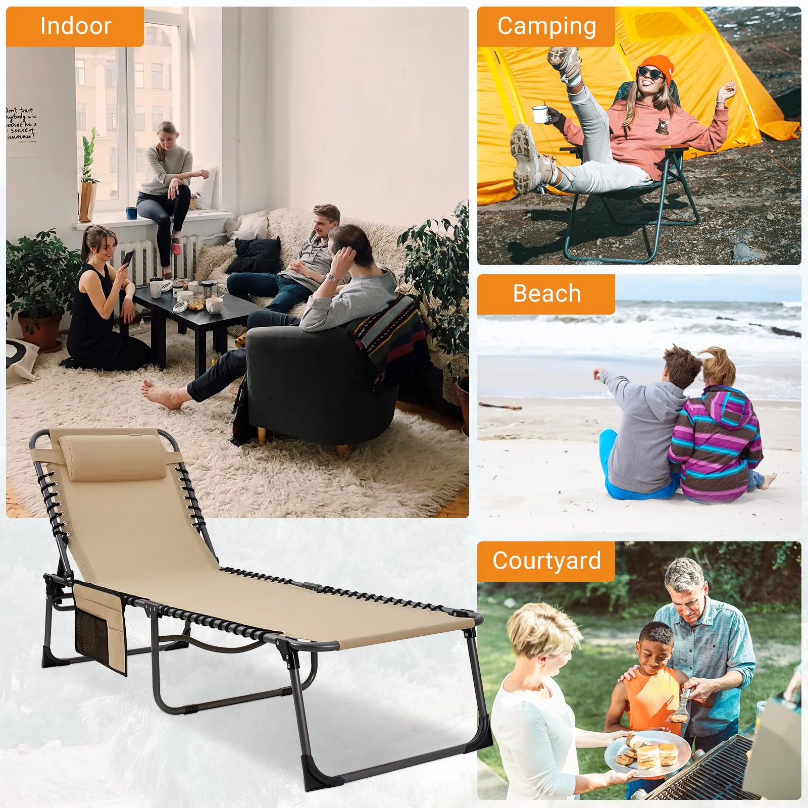 KingCamp 5-Position Portable Heavy-Duty Camping Reclining Lounge Chair with Pillow