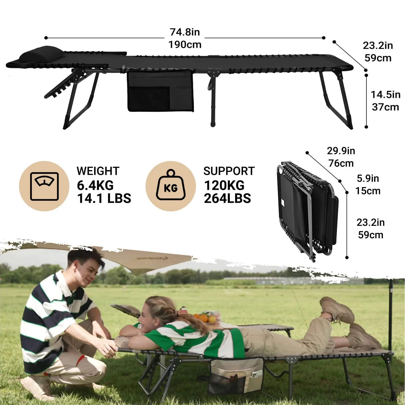 KingCamp 5-Position Portable Heavy-Duty Camping Reclining Lounge Chair with Pillow
