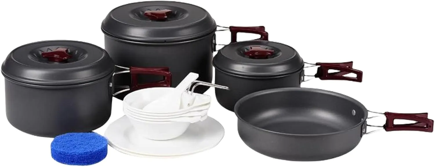 KingCamp Aluminum Camping Cookware Set Open Fire Cookware Backpacking Cooking Mess Kit Lightweight Camping Pans and Pots Kit Hiking Cooking Gear 15 PCS for 5-6 Person