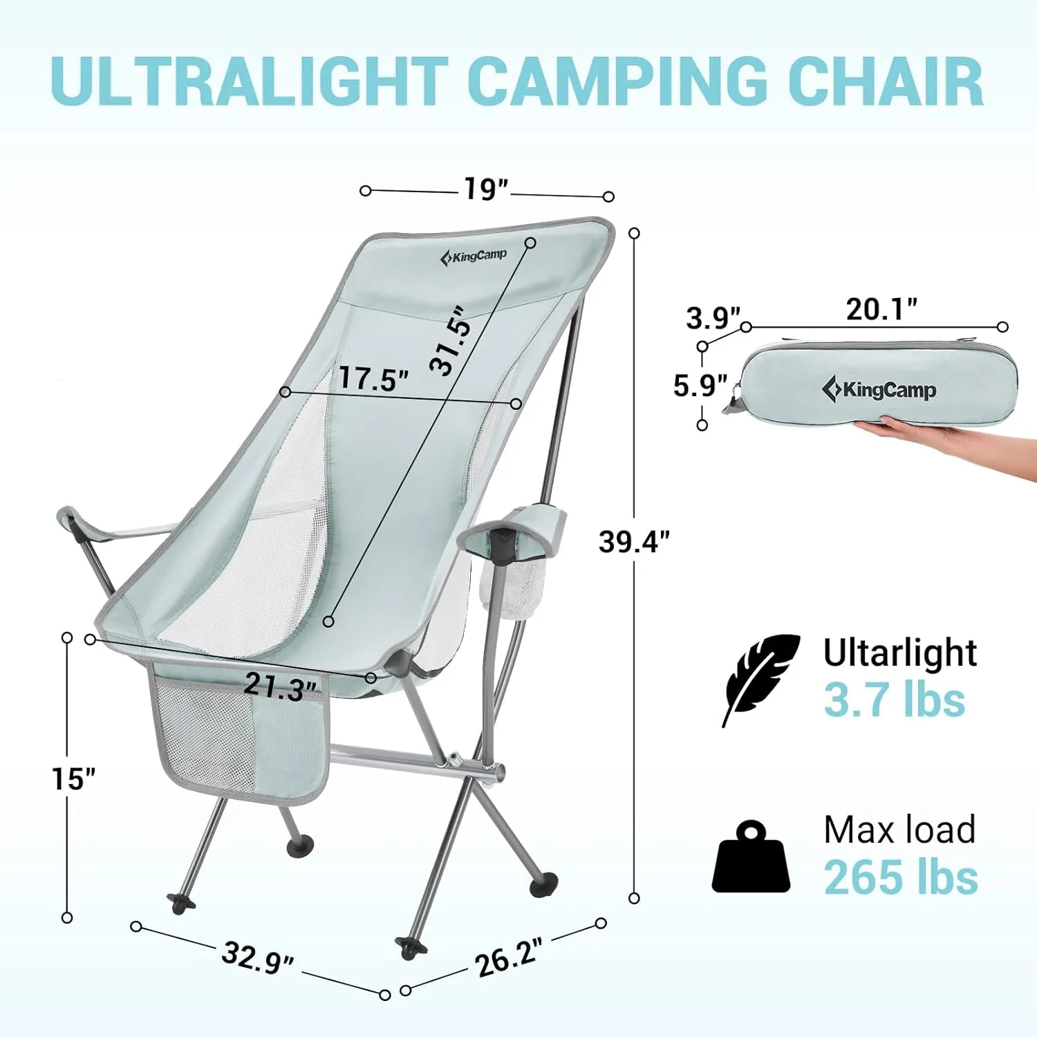 KingCamp Compact Camping Chairs for Adults 2 Pack Ultralight High Back Folding Portable Lawn Chairs Light Weight Camp Outdoor Chair with Armrest, Side Pocket, Headrast, Carry Bag, Support 265 Lbs
