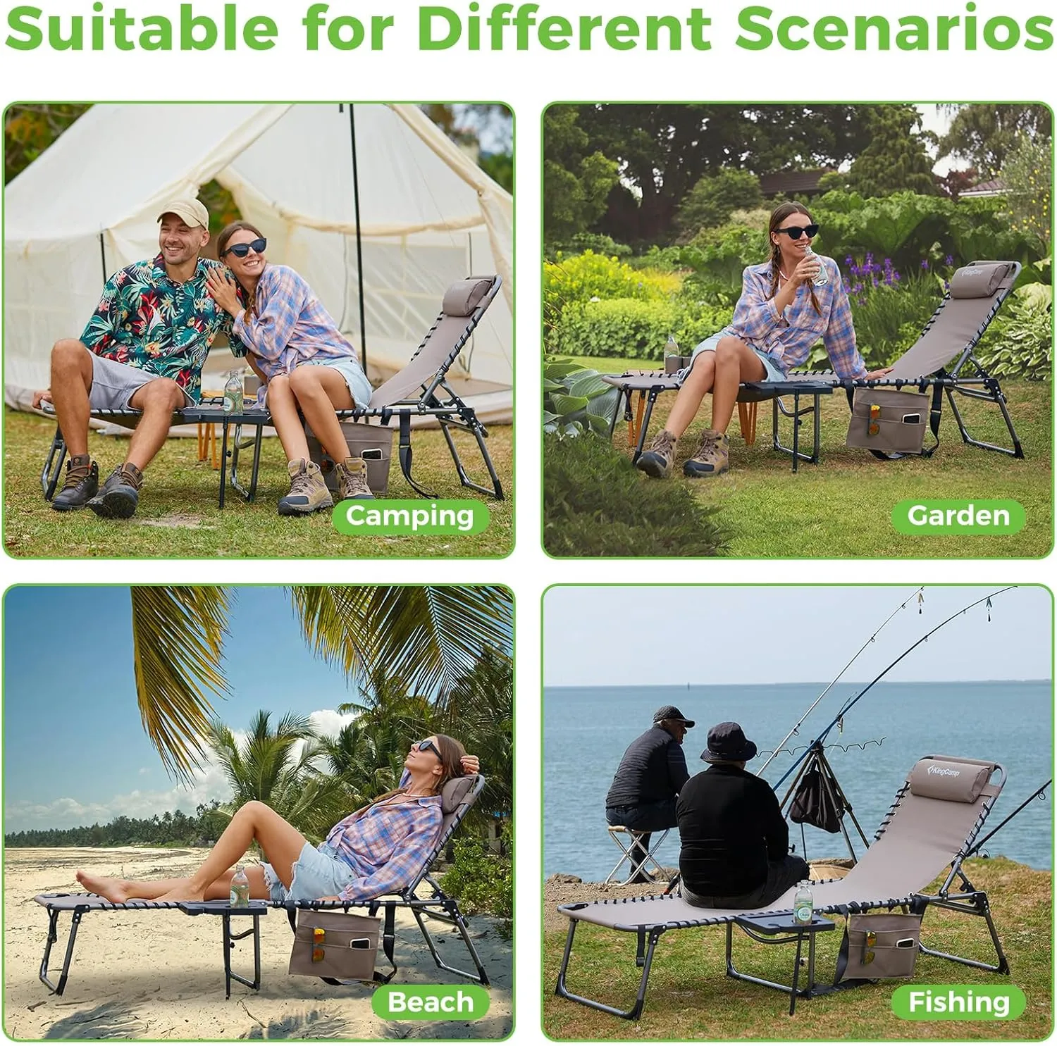 KingCamp Folding Chaise Lounge Chair for Outside Beach, Sunbathing, Patio, Pool, Lawn, Deck, Lay Flat Camping Reclining Lounge Chair with Pillow & Side Table （1 Pack, Beige）