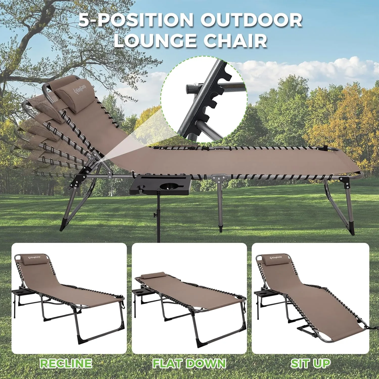 KingCamp Folding Chaise Lounge Chair for Outside Beach, Sunbathing, Patio, Pool, Lawn, Deck, Lay Flat Camping Reclining Lounge Chair with Pillow & Side Table （2 Pack, Beige）