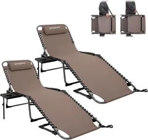 KingCamp Folding Chaise Lounge Chair for Outside Beach, Sunbathing, Patio, Pool, Lawn, Deck, Lay Flat Camping Reclining Lounge Chair with Pillow & Side Table （2 Pack, Beige）